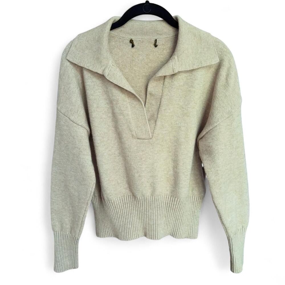 Tan V-Neck Collared Sweater Drop Shoulder Knit Ribbed Hem size M